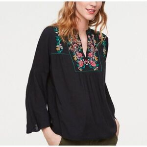 Loft Black Multicolor floral embroidered bell sleeve peasant boho top blouse XL